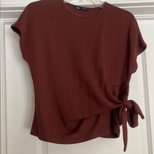 Zara Women's Rich Brown Short Sleeve Tie-Front Tee